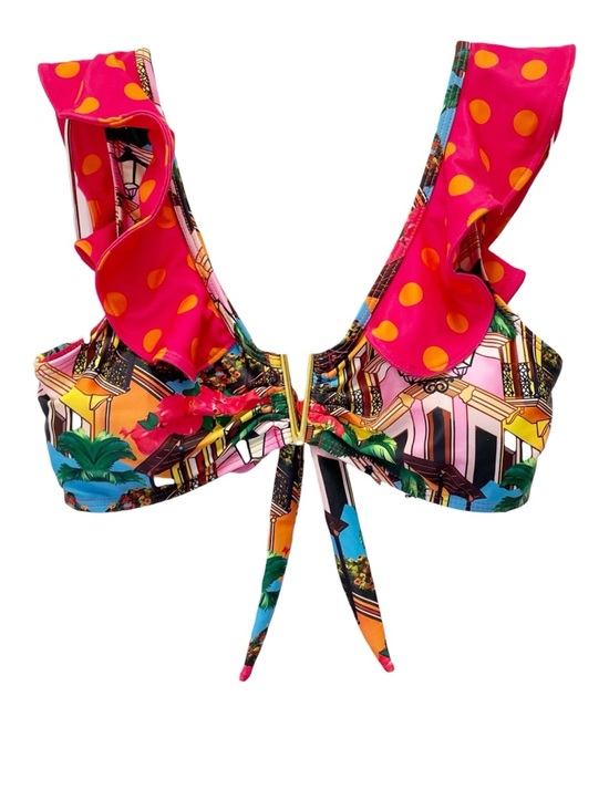 NWT Sporlike Tropical Town Print Bikini Set Ruffle Top High Waist Bottom Small - Picture 5 of 14